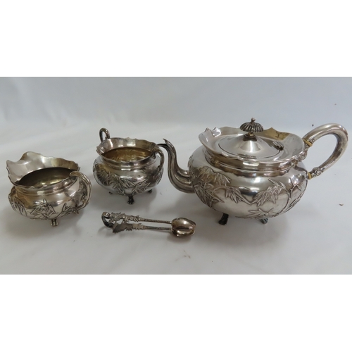 199 - Late 19thC Chinese export silver, five piece tea service of circular form with decoration in relief ... 