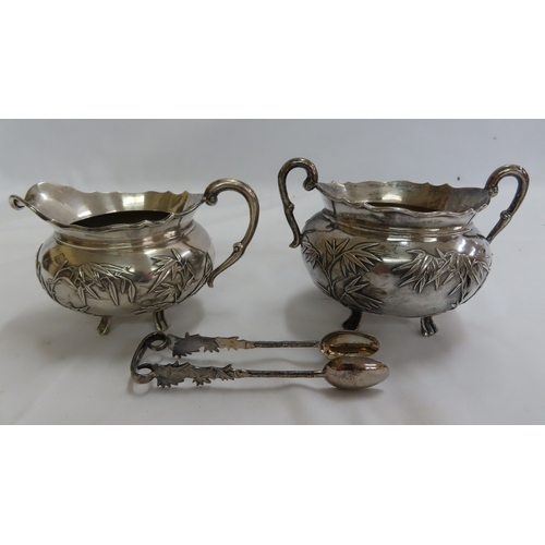 199 - Late 19thC Chinese export silver, five piece tea service of circular form with decoration in relief ... 