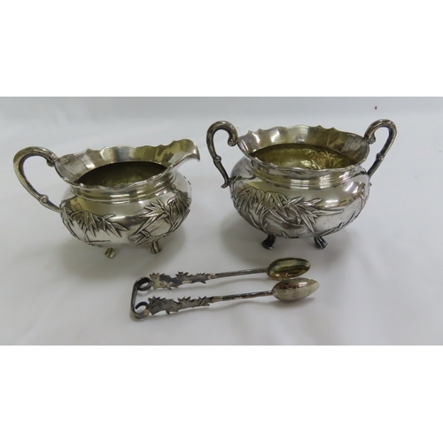 199 - Late 19thC Chinese export silver, five piece tea service of circular form with decoration in relief ... 