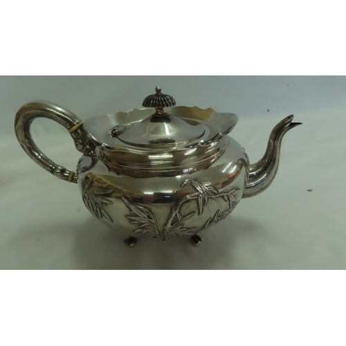 199 - Late 19thC Chinese export silver, five piece tea service of circular form with decoration in relief ... 