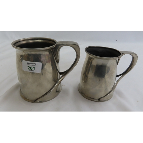 201 - Liberty & Co. Tudric Pewter quart and pint tankards, designed by Oliver Baker, 1902