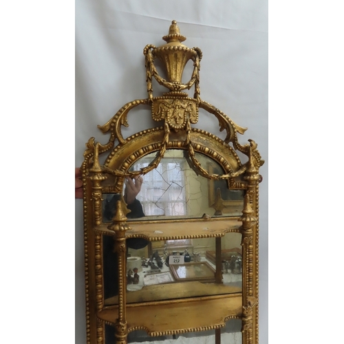 212 - 19thC gilt mirrored what-not with three shelves and decoration of urn, swags, vase of flowers, bead ... 