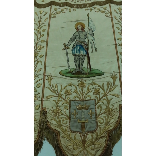 213 - 19thC French silk and gold thread church banner with flora and fauna to borders, St. Joanne D'Arc to... 