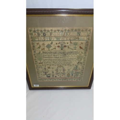 214 - GIV fine needlework sampler in multicoloured threads undertaken by Ann Lloyd June 29, 1824. Dorringt... 