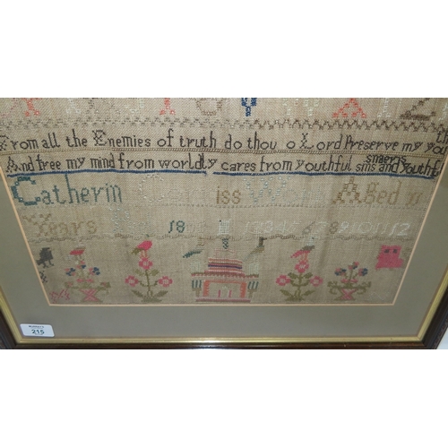 215 - GIV Manx alphabet needlework sampler undertaken by Catherin Corriss, aged 11 years, Peel 1800. 16 x ... 