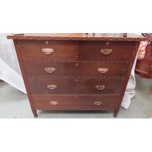 221 - Arts and Crafts well made inlaid rosewood chest of two short and three long drawers, potty cupboard ... 