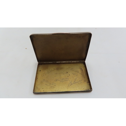 235 - GVI silver cigarette case with gold clasp and signatures engraved to inside case. London 1938, maker... 