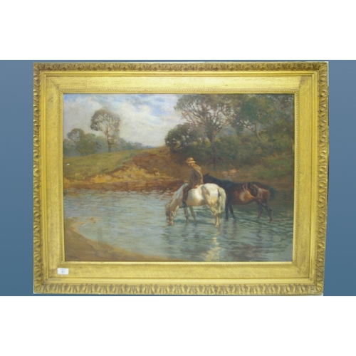 61 - Edgar Downs, Watering the horses, Oil on canvas, Signed, 24 x 32 ins.