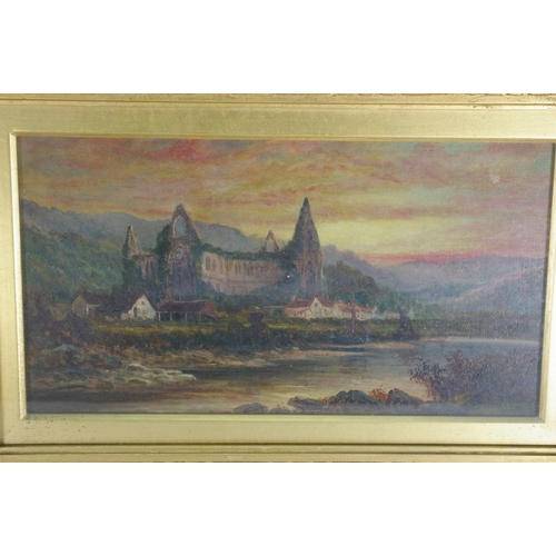 64 - C.E. Taylor, 1) Tintern Abbey, 2) Figure on a track, dated 1916, Oils on canvas, Signed, 10 x 18 ins... 