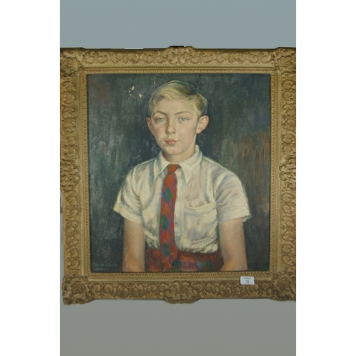 76 - Derek Clarke, Half portrait of a young boy wearing a tartan tie, Oil on canvas, Signed and dated 195... 