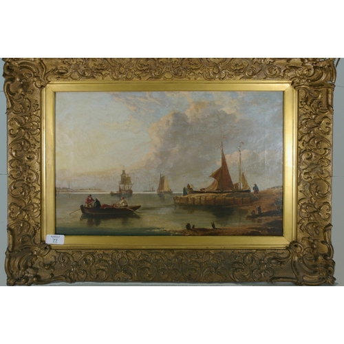 77 - Dutch School, Dutch barges on still day, Oil on canvas, 14 x 19 ins.