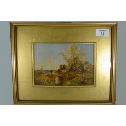 78 - William Joseph J.C. Bond (1833-1926), Figure with cattle on a bridge, Oil on panel, Signed, 5.5 x 7 ... 