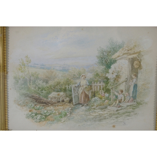 85 - Myles Birket Foster, Woman and children outside a cottage, Watercolour, Signed initials, 8 x 10 ins.