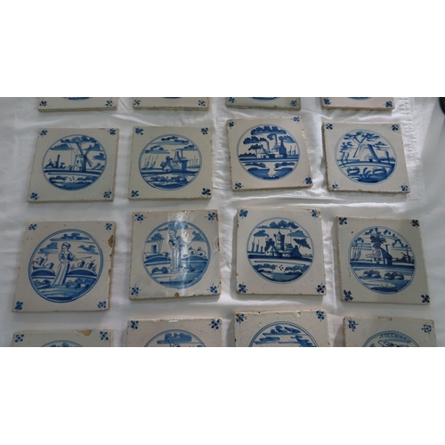 244 - Sixteen 18thC style blue and white tiles with scenes of windmills. figures and landscape, 5 x 5 ins.