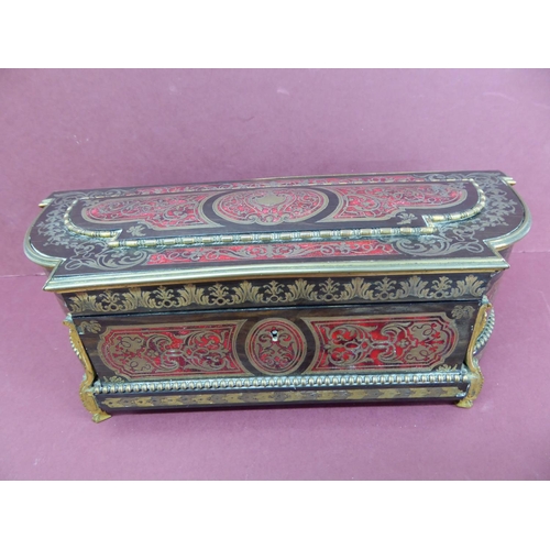 122 - Good 19thC French red boulle work and ormolu mounted box with lift up lid, fold down front, curved s... 