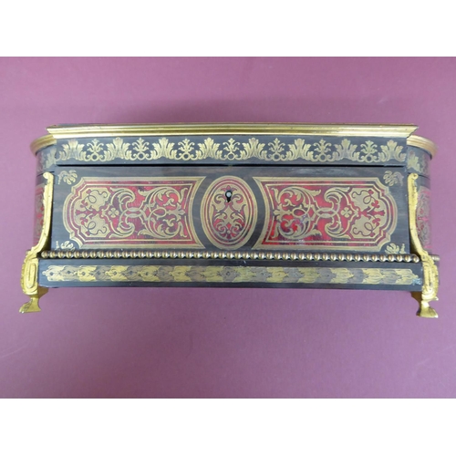 122 - Good 19thC French red boulle work and ormolu mounted box with lift up lid, fold down front, curved s... 