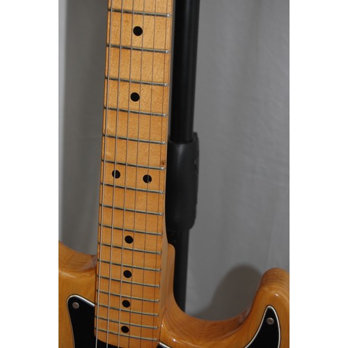 240 - Aria Pro II Strikin' Sounds blonde stratocaster shape electric guitar, black pickguard with black co... 