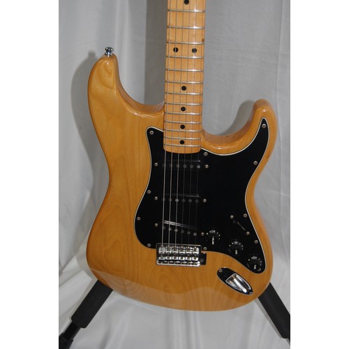 240 - Aria Pro II Strikin' Sounds blonde stratocaster shape electric guitar, black pickguard with black co... 