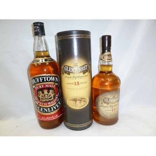 53 - Two bottles Malt Whisky 1) Dufftown Glenlivet 8 year old and 2) The Glenturret aged 15 years (little... 