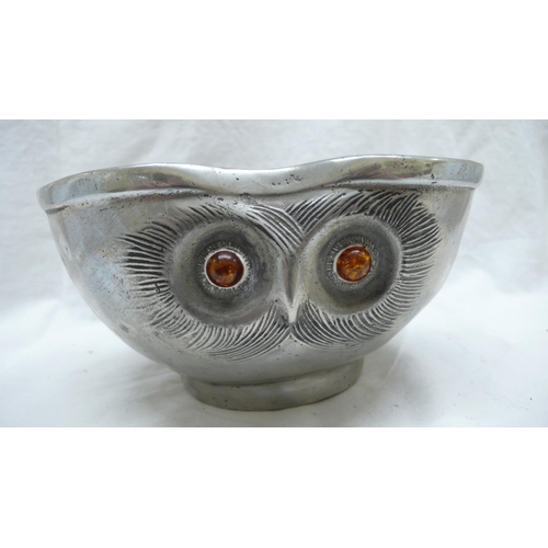 22 - Liberty & Co. Tudric Pewter owl fruit bowl with amber eyes, No. 036, Diam. 18 cms