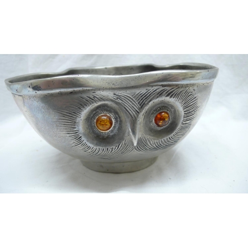 22 - Liberty & Co. Tudric Pewter owl fruit bowl with amber eyes, No. 036, Diam. 18 cms