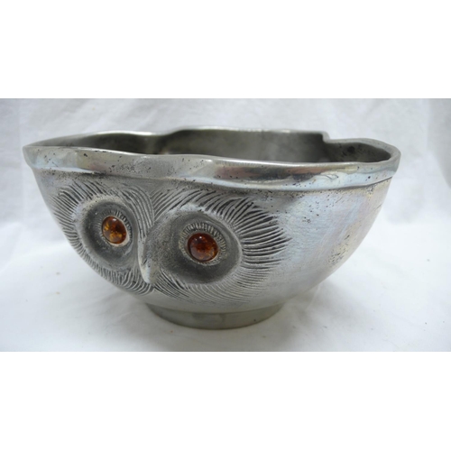 22 - Liberty & Co. Tudric Pewter owl fruit bowl with amber eyes, No. 036, Diam. 18 cms