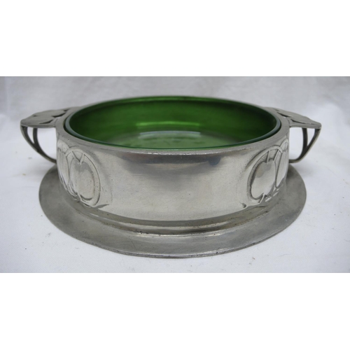 23 - Archibald Knox for Liberty & Co. English Pewter two handled dish with Honesty decoration and green g... 