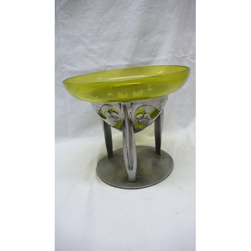 45 - Archibald Knox for Liberty & Co. Tudric Pewter tri-stem fruit bowl with green glass liner, pierced H... 