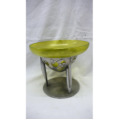 45 - Archibald Knox for Liberty & Co. Tudric Pewter tri-stem fruit bowl with green glass liner, pierced H... 