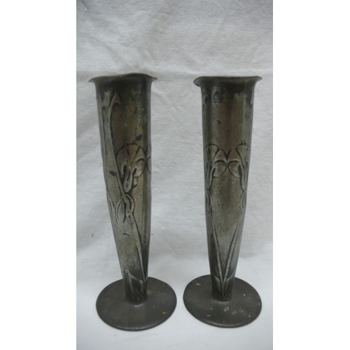 24 - Archibald Knox for Liberty & Co. pair of English Pewter spill vases with inverted trumpet flower des... 