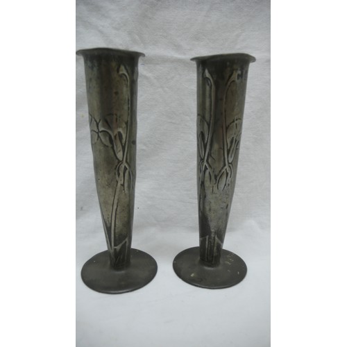 24 - Archibald Knox for Liberty & Co. pair of English Pewter spill vases with inverted trumpet flower des... 