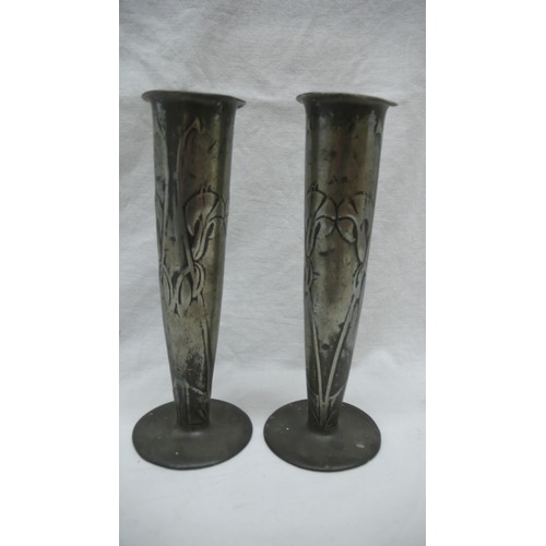 24 - Archibald Knox for Liberty & Co. pair of English Pewter spill vases with inverted trumpet flower des... 