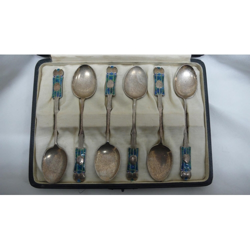 53 - Archibald Knox for Liberty & Co - set of silver and blue green enamel teaspoons with Medea pattern d... 