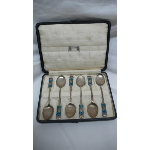 53 - Archibald Knox for Liberty & Co - set of silver and blue green enamel teaspoons with Medea pattern d... 