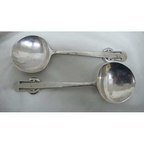 58 - Archibald Knox for Liberty & Co - pair of silver serving spoons with mushroom decoration to tops, Bi... 