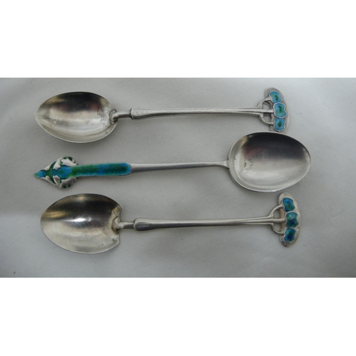 60 - Archibald Knox for Liberty & Co - silver and blue green enamel coffee spoons with flower decoration ... 