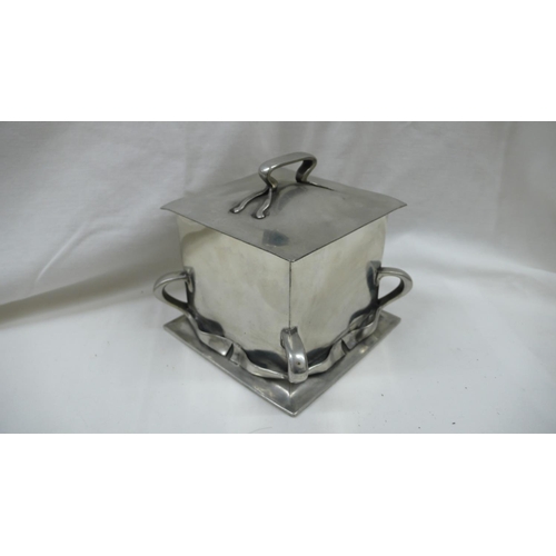 87 - Liberty & Co - Tudric Pewter square shaped biscuit box with handle to top and ribbon decoration to s... 