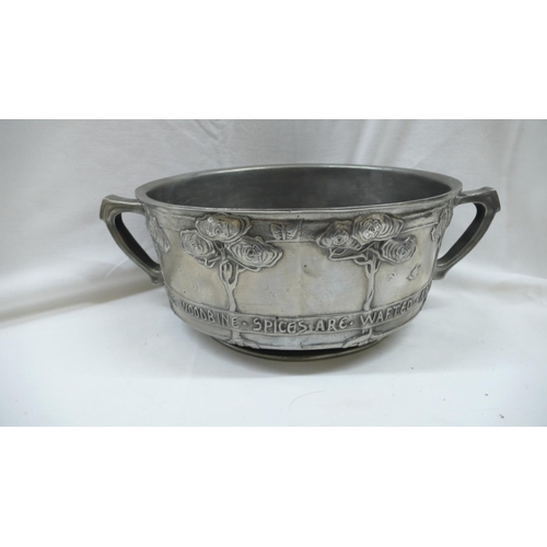 88 - David Veazey for Liberty & Co Tudric Pewter large two handled fruit bowl with rose tree decoration a... 