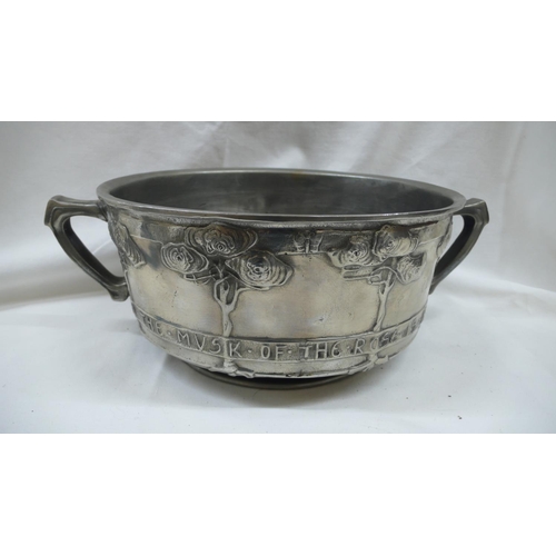 88 - David Veazey for Liberty & Co Tudric Pewter large two handled fruit bowl with rose tree decoration a... 