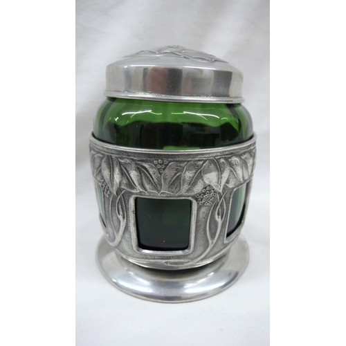 89 - David Veazey for Liberty & Co - Tudric Pewter preserve pot with green glass liner and rose, leaf and... 