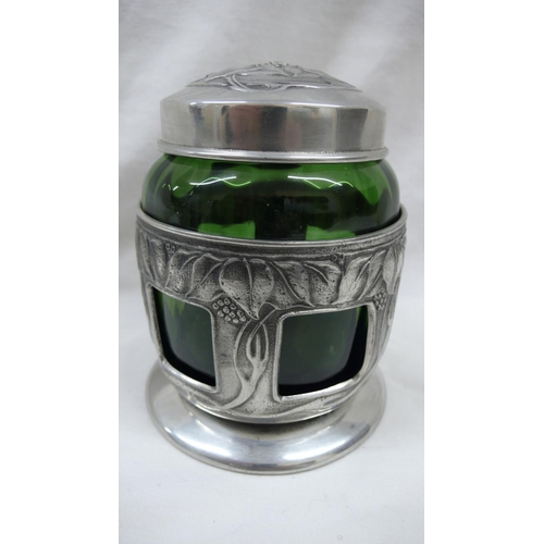 89 - David Veazey for Liberty & Co - Tudric Pewter preserve pot with green glass liner and rose, leaf and... 