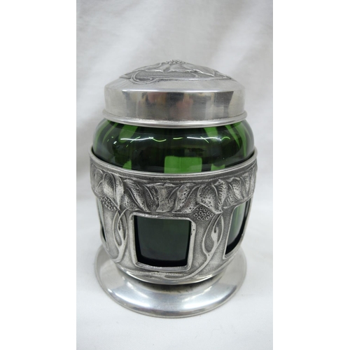 89 - David Veazey for Liberty & Co - Tudric Pewter preserve pot with green glass liner and rose, leaf and... 