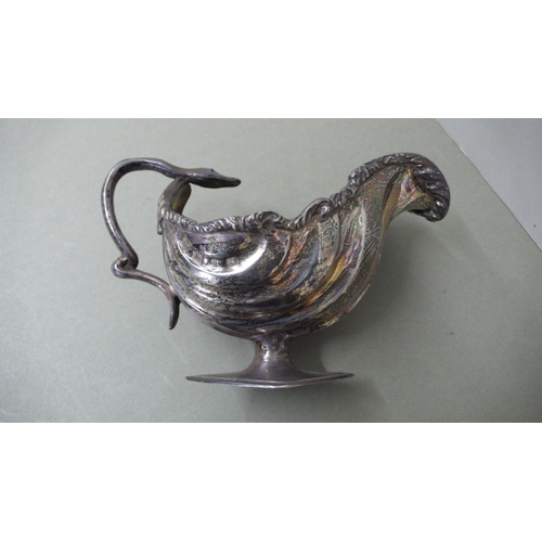 23 - Late Victorian silver scallop shell sauce boat with sea snake handle on a diamond shaped base - Birm... 