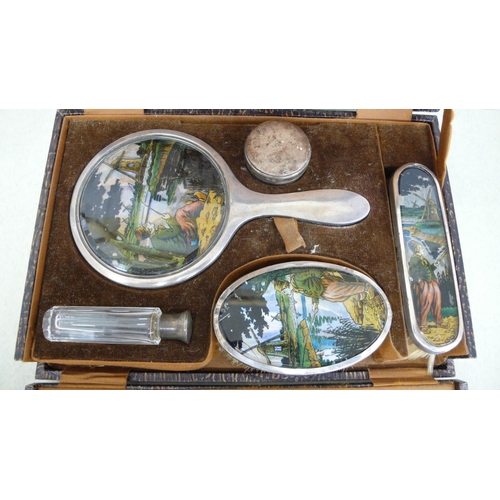 36 - GV silver Gents travel toilet set with decoration of Dutch scenes to backs - Birmingham 1927 - cased... 