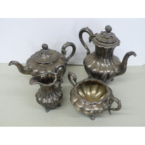 7 - Victorian four piece fluted tea/coffee service with melon finials, reeded spouts and handles on four... 