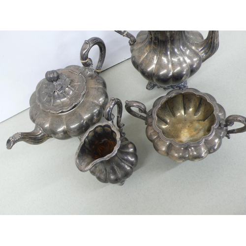 7 - Victorian four piece fluted tea/coffee service with melon finials, reeded spouts and handles on four... 