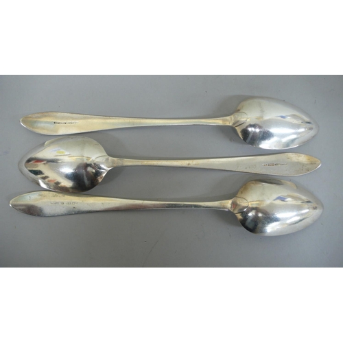 89 - Set of three GIII Irish silver serving spoons of plain form Cork Circa. 1800 - 6 ozt - Maker Joseph ... 