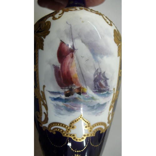 101 - Royal Crown Derby porcelain Urn with fluted top decoration of a cartouche of sailing boats in a chop... 