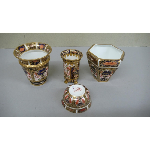 106 - Four Royal Crown Derby Imari pattern pots - tallest 3 ins - 1910, 1914, 1939 & 1957