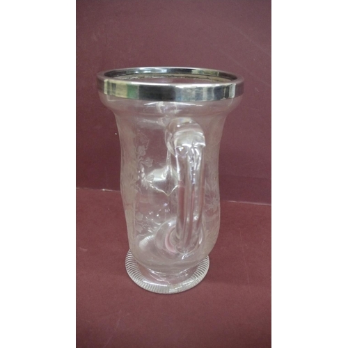 116 - Late Victorian etched clear glass two handled vase with silver rim and decoration of flora and fauna... 